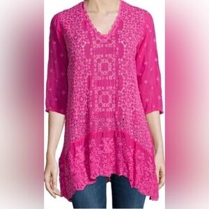 Johnny Was Sz XXL Pink 3/4 Sleeve Embroidered Eyelet Blouse Tunic Top